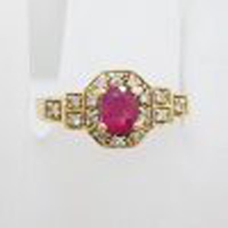 * SOLD * 14ct Yellow Gold Oval Natural Ruby in Octagonal Setting Surrounded by Diamonds
