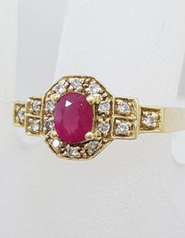 * SOLD * 14ct Yellow Gold Oval Natural Ruby in Octagonal Setting Surrounded by Diamonds
