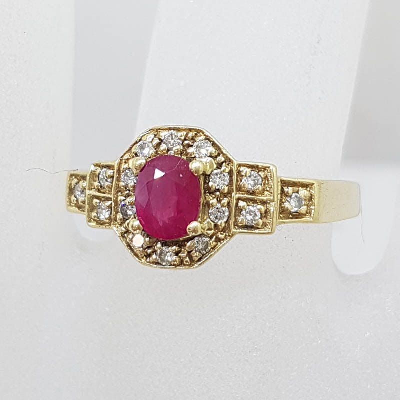 * SOLD * 14ct Yellow Gold Oval Natural Ruby in Octagonal Setting Surrounded by Diamonds