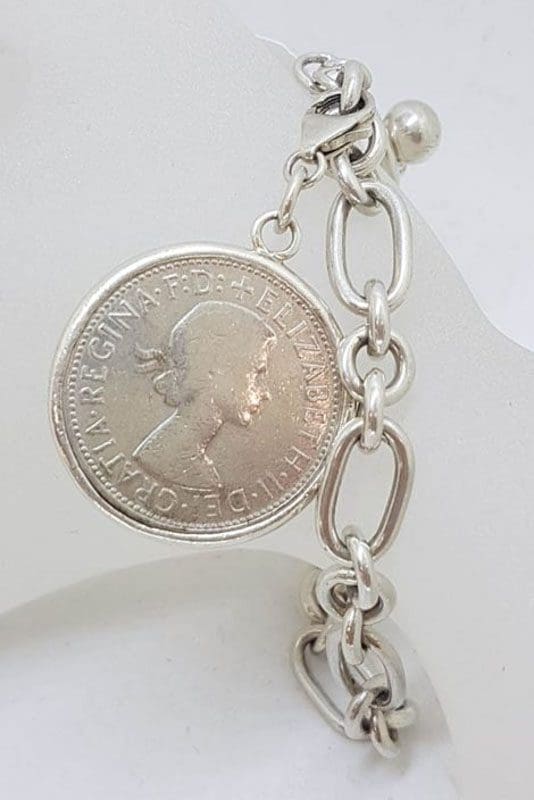 Sterling Silver Chunky Bracelet with Large Florin 1957 Australia Coin Medallion Charm