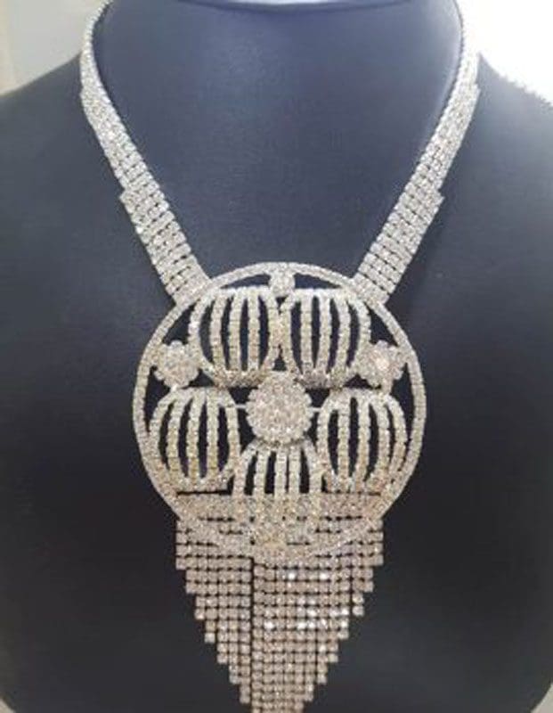 Very Large Rhinestone Round Cluster Drop Plated Necklace / Chain - Bridal / Debutante Jewellery