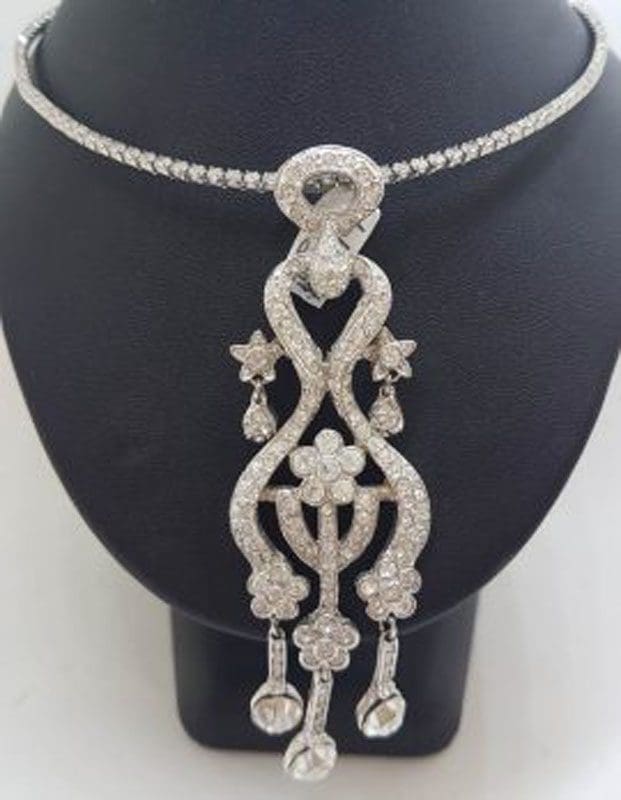 Plated with Swarovski Crystal Shimmer and Glitz Very Long Ornate Pendant on Choker Chain / Necklace – Wedding / Debutante / Special Occasion