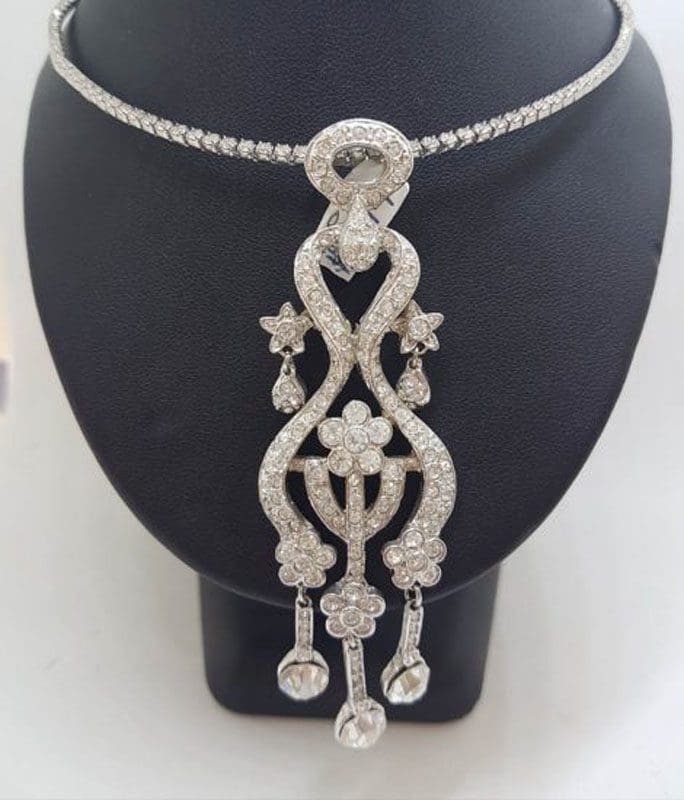 Plated with Swarovski Crystal Shimmer and Glitz Very Long Ornate Pendant on Choker Chain / Necklace – Wedding / Debutante / Special Occasion
