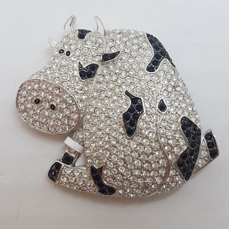20210524_210508 Plated Black and Clear Rhinestone Very Large Cow Brooch