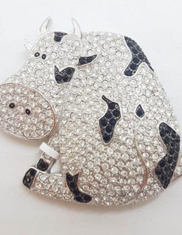 Plated Black and Clear Rhinestone Very Large Cow Brooch