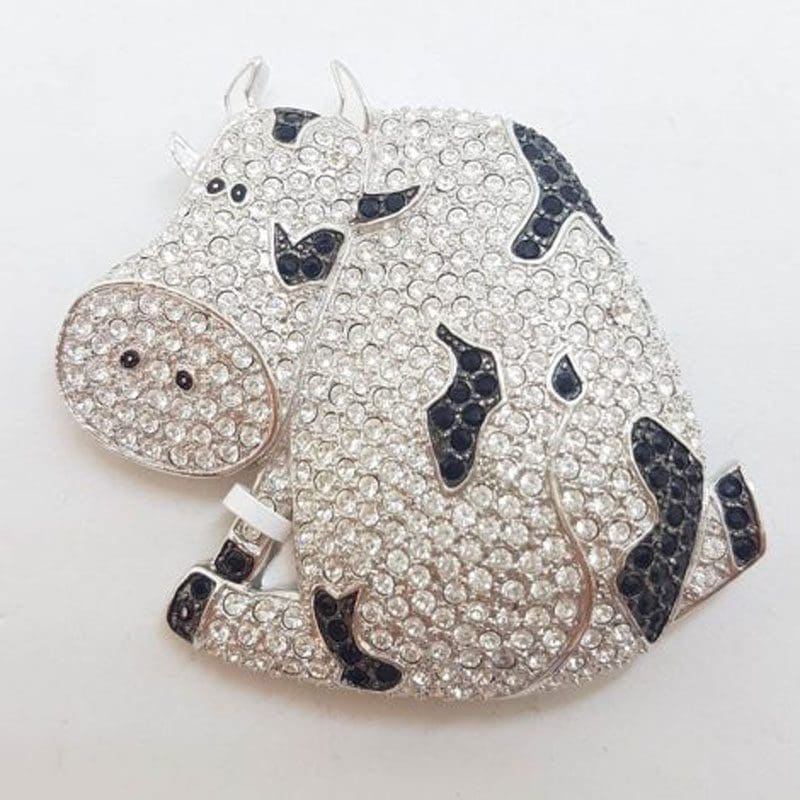 Plated Black and Clear Rhinestone Very Large Cow Brooch