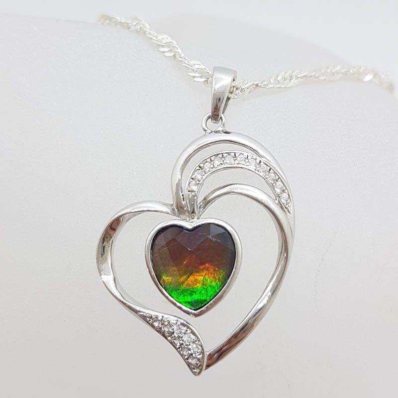 20210524_210736 Sterling Silver Ammolite and CZ Heart Pendant on Chain