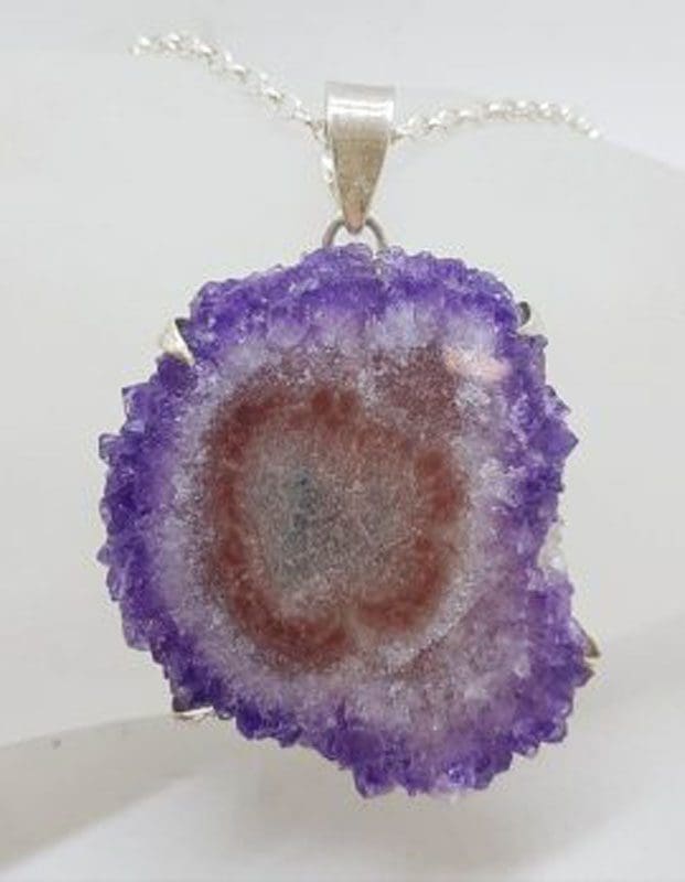 Sterling Silver Large Amethyst Slice Pendant on Silver Chain
