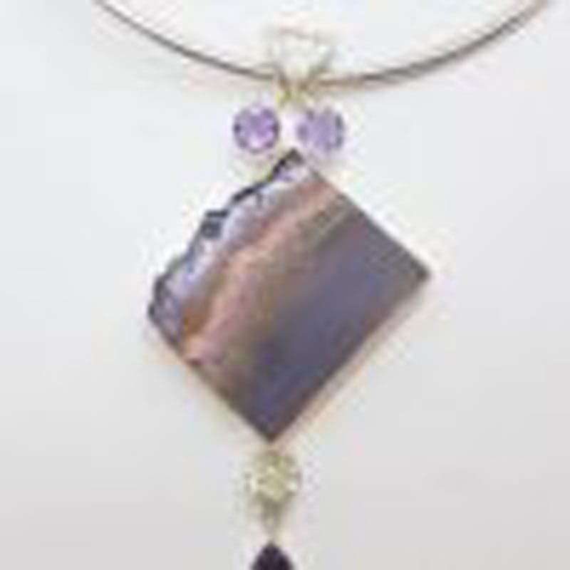 Sterling Silver Large Amethyst Crystal Slice Pendant with Clear Crystal Quartz and Amethyst on Silver Choker