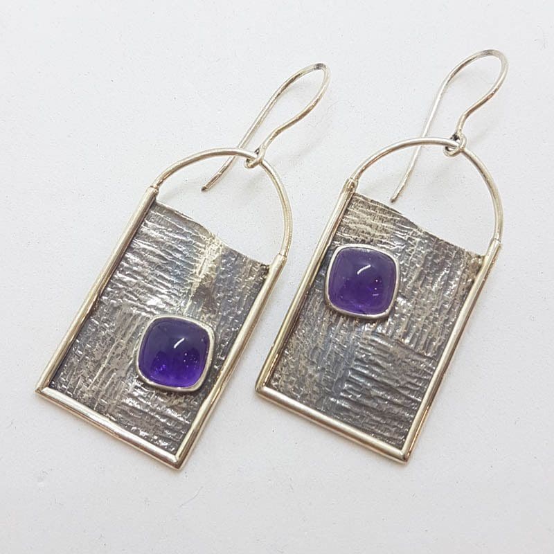 Sterling Silver Square Amethyst in Long Unusual Shape Drop Earrings