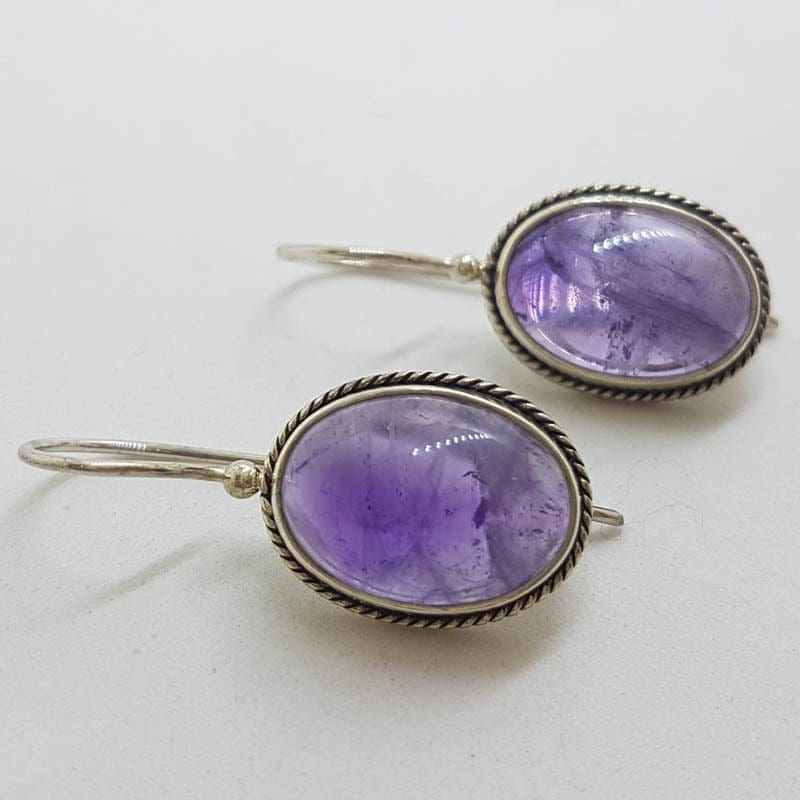 20210524_211022 Sterling Silver Oval Cabochon Cut Amethyst Drop Earrings