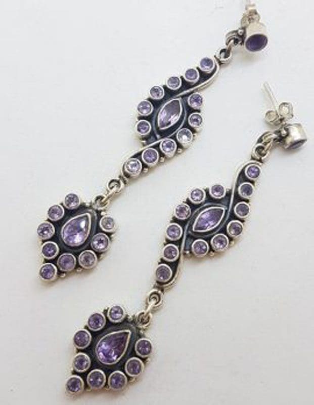 Sterling Silver Very Long and Exquisite Amethyst Cluster Drop Earrings
