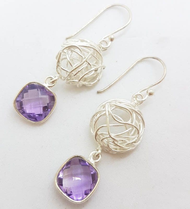 Sterling Silver Square Amethyst Drop Earrings