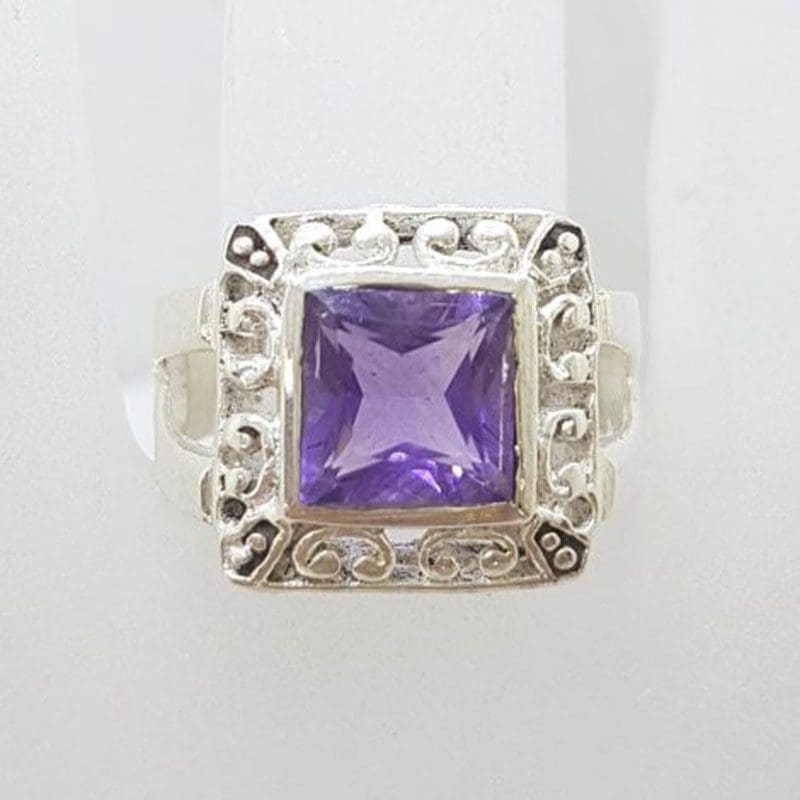 Sterling Silver Square Amethyst Ring - Ornate / Filigree