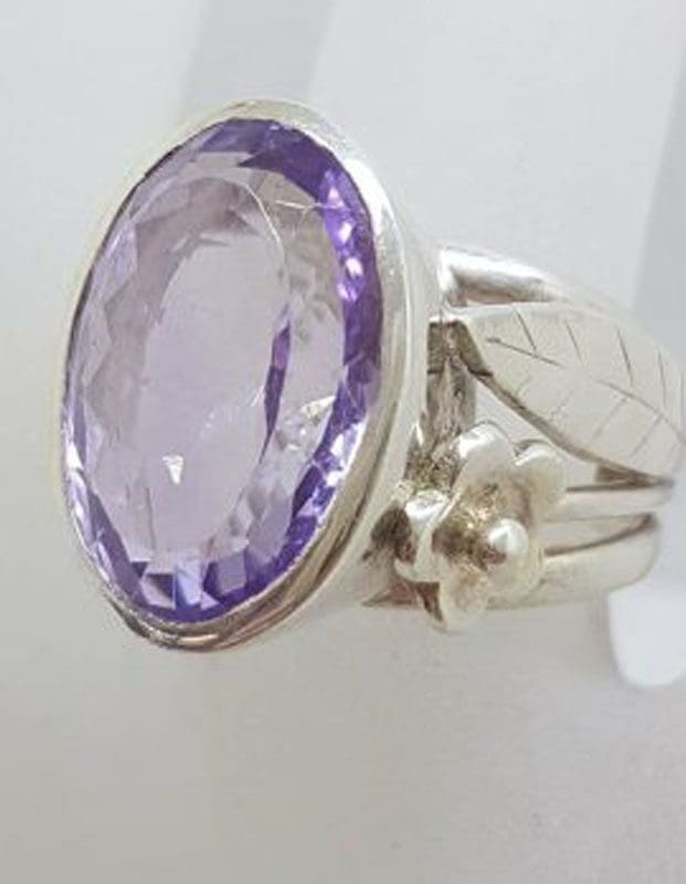 Sterling Silver Very Large Oval Amethyst High Floral Design Ring