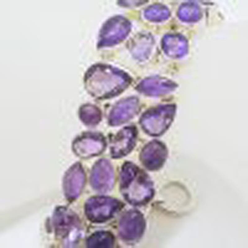 Sterling Silver Large Wide Cabochon and Faceted Amethyst Chunky Bracelet