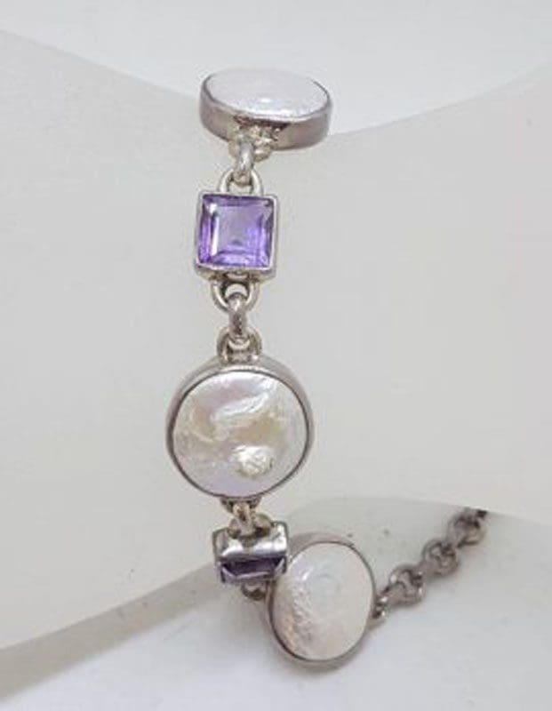 Sterling Silver Round Button Pearl with Square Amethyst Bracelet