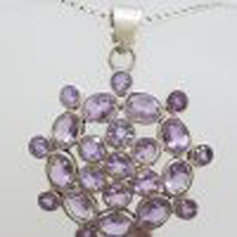 Sterling Silver Amethyst Large Round Cluster Pendant on Silver Chain
