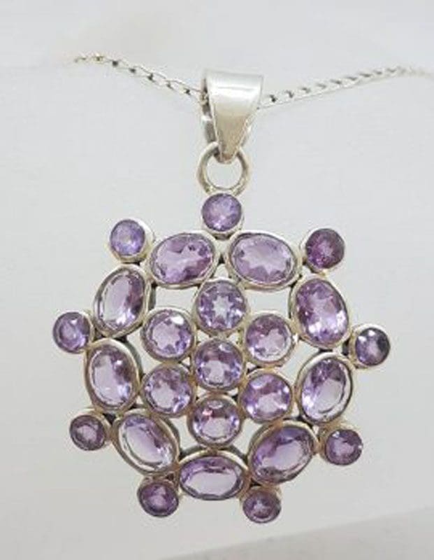 Sterling Silver Amethyst Large Round Cluster Pendant on Silver Chain