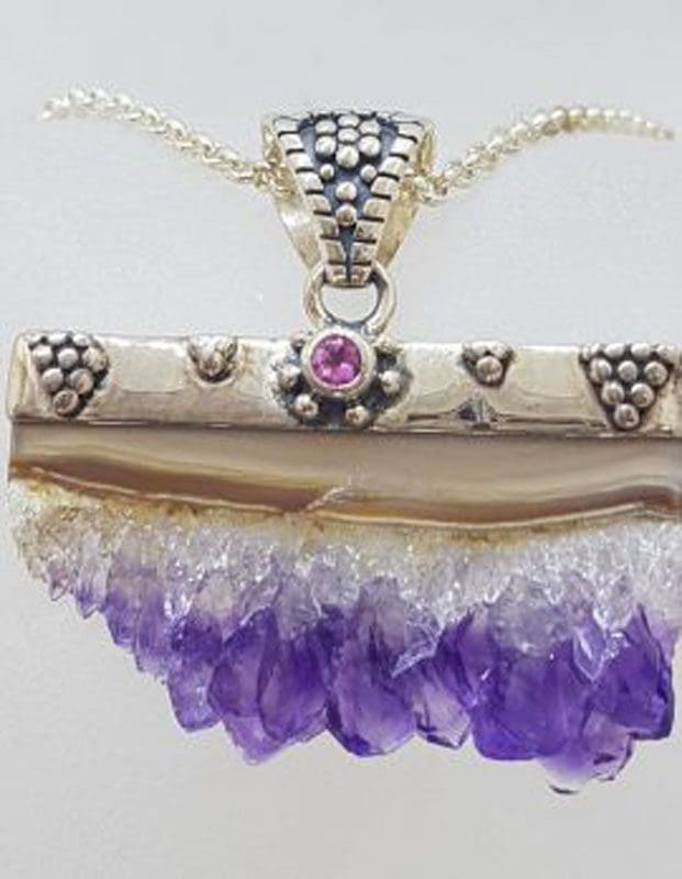 Sterling Silver Amethyst Crystal Slice with Garnet Pendant on Chain