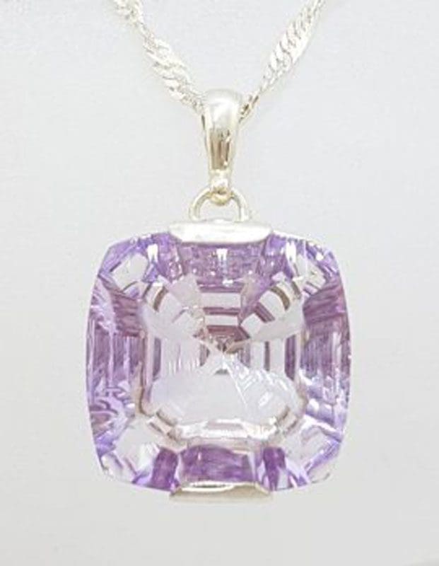 Sterling Silver Large Square Laser Cut Amethyst Pendant on Chain