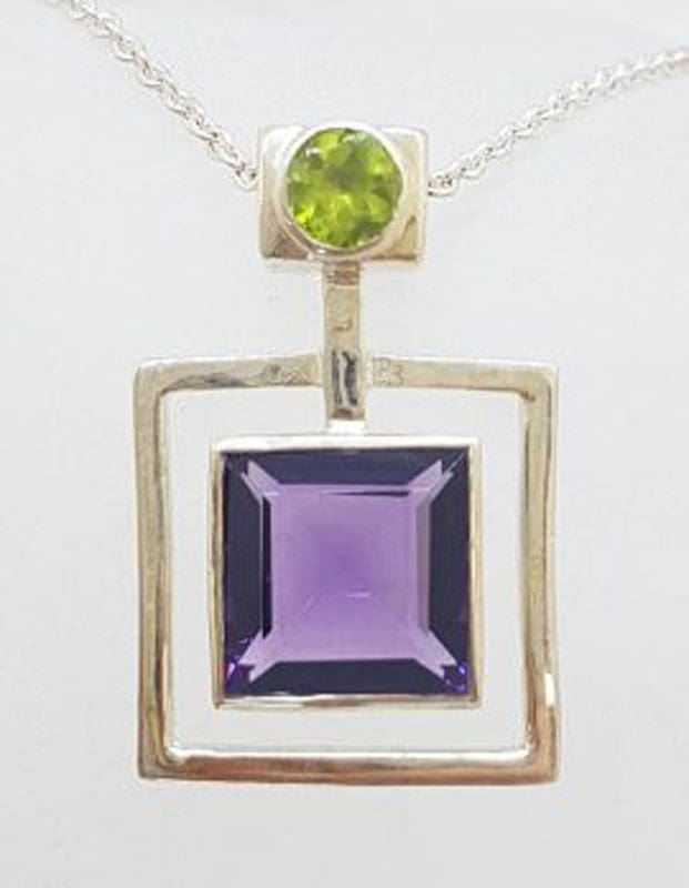 Sterling Silver Square Amethyst with Green Peridot Square Pendant on Silver Chain