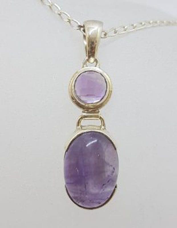 Sterling Silver Cabochon & Faceted Amethyst Pendant on Silver Chain