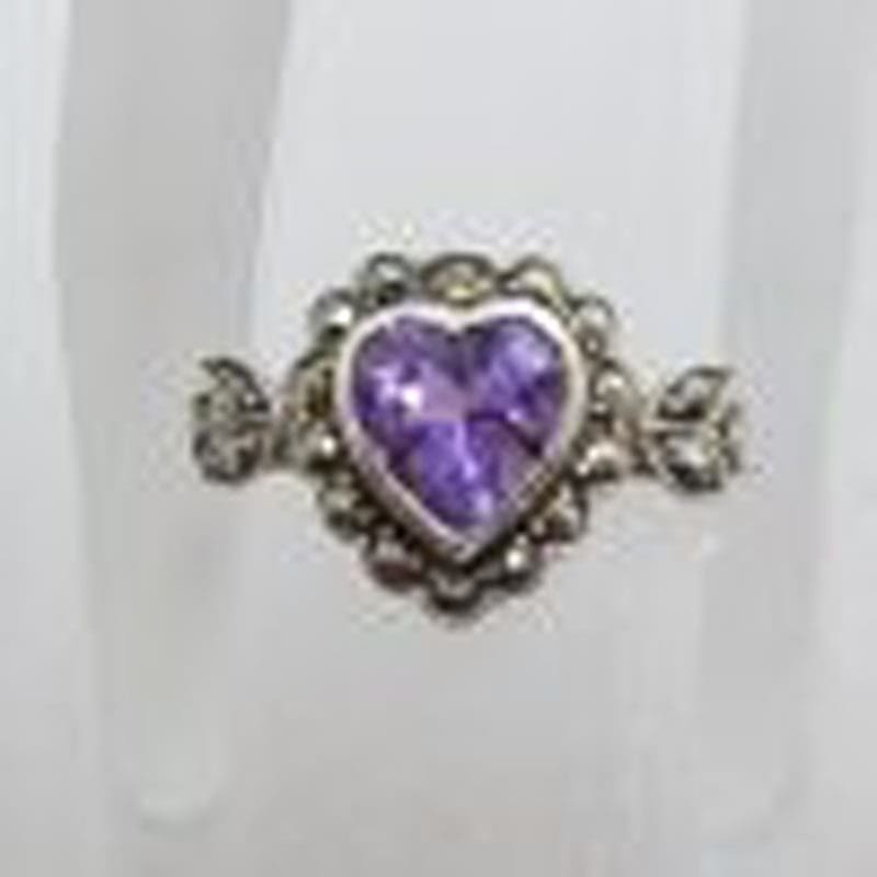 Sterling Silver Vintage Marcasite & Amethyst Heart Ring