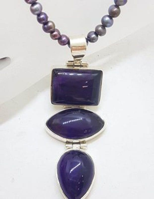 Sterling Silver Large and Long Three Stone Cabochon Cut Amethyst Pendant on Pearl Necklace / Chain