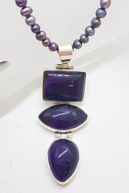 20210524_213613 Sterling Silver Large and Long Three Stone Cabochon Cut Amethyst Pendant on Pearl Necklace / Chain