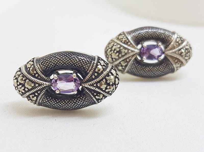 Sterling Silver Marcasite, Amethyst and Enamel Oval Stud Earrings