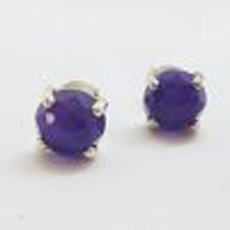Sterling Silver Round Stud Earrings - Faceted Amethyst