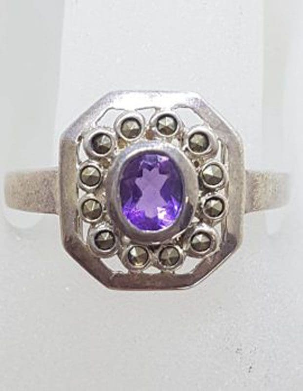 Sterling Silver Marcasite & Amethyst Octagonal Cluster Ring