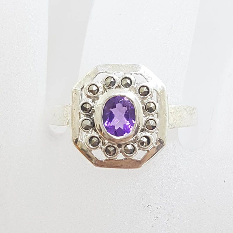Sterling Silver Marcasite & Amethyst Octagonal Cluster Ring