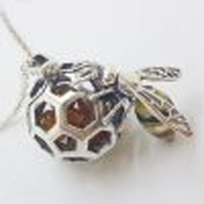 * SOLD * Sterling Silver and Amber Bee / Wasp on Honeycomb Ball Pendant on Sterling Silver Chain
