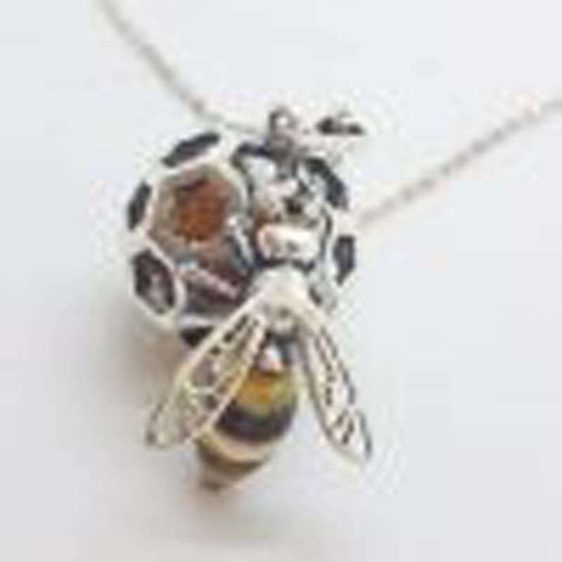 * SOLD * Sterling Silver and Amber Bee / Wasp on Honeycomb Ball Pendant on Sterling Silver Chain