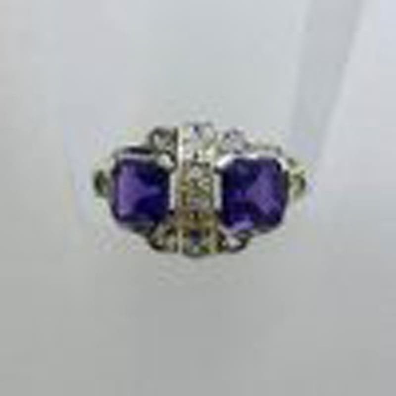 9ct Yellow Gold Two Square Amethysts with Cubic Zirconia Art Deco Cluster Ring