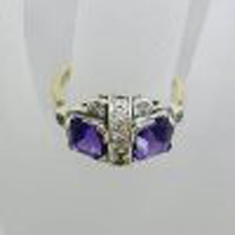 9ct Yellow Gold Two Square Amethysts with Cubic Zirconia Art Deco Cluster Ring