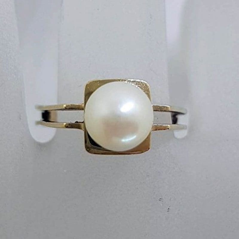 9ct Yellow Gold Solitaire Pearl on Square Ring - Antique / Vintage