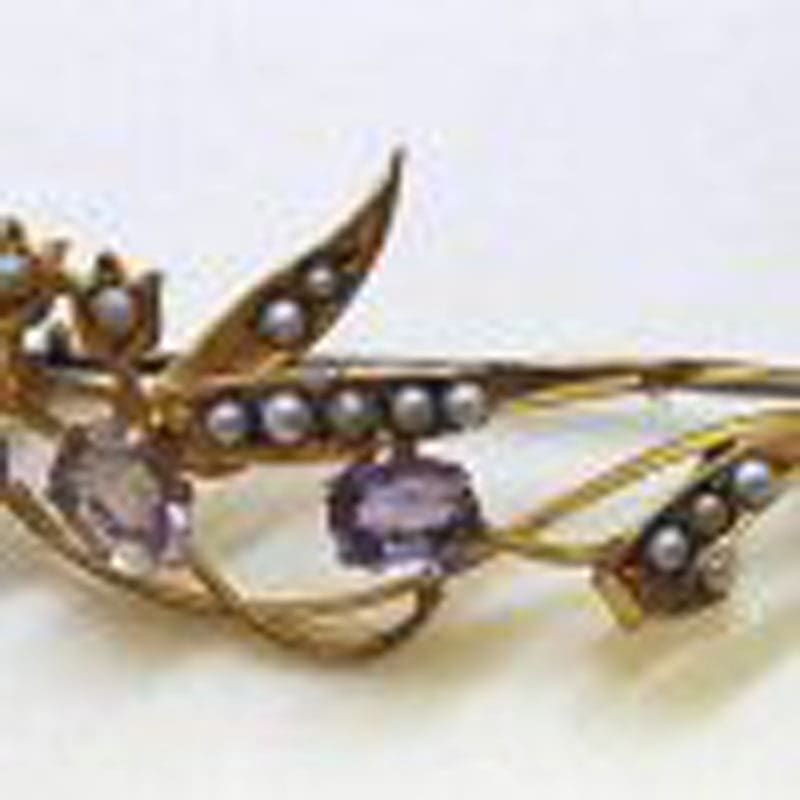 9ct Yellow Gold Seedpearl and Amethyst Leaf and Lily of the Valley Brooch - Antique / Vintage