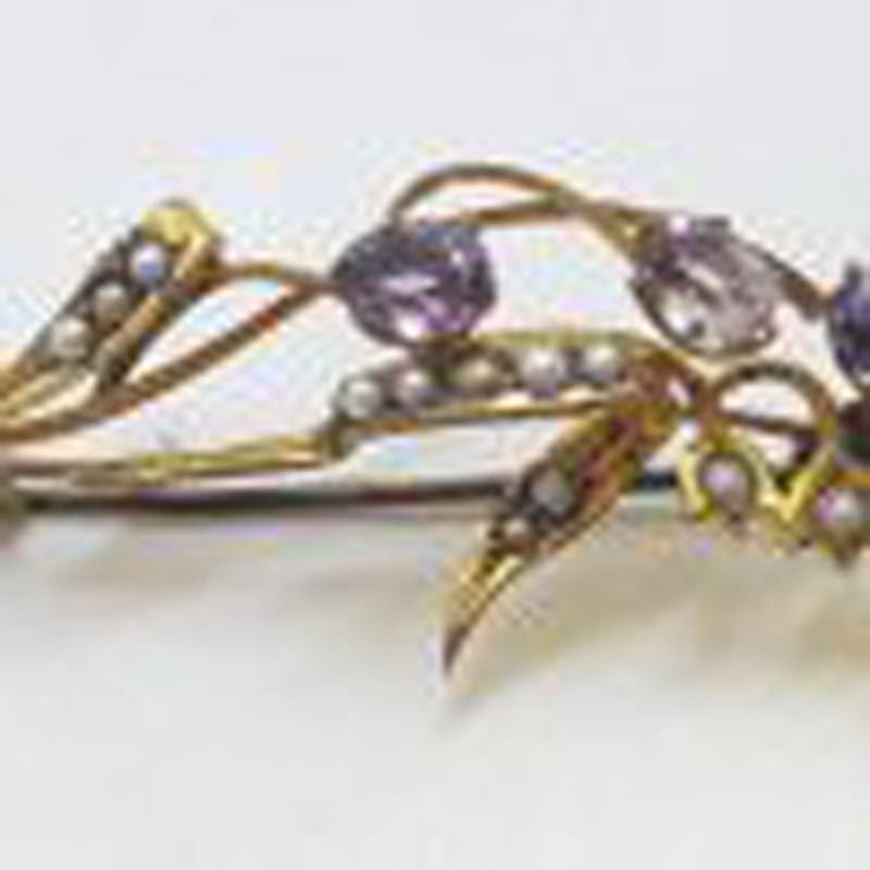 9ct Yellow Gold Seedpearl and Amethyst Leaf and Lily of the Valley Brooch - Antique / Vintage