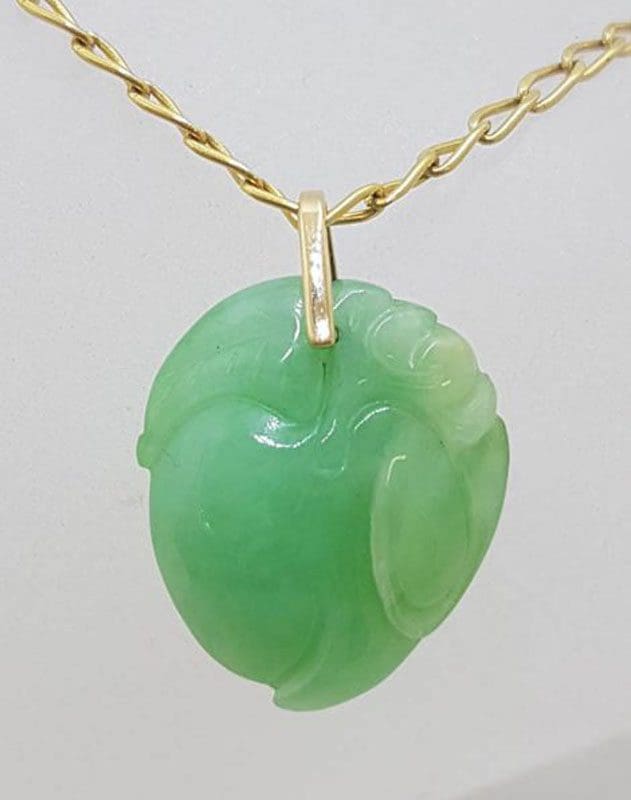 9ct Yellow Gold Carved Leaf Natural Jade Pendant on Gold Chain