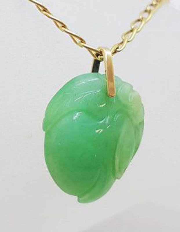 9ct Yellow Gold Carved Leaf Natural Jade Pendant on Gold Chain
