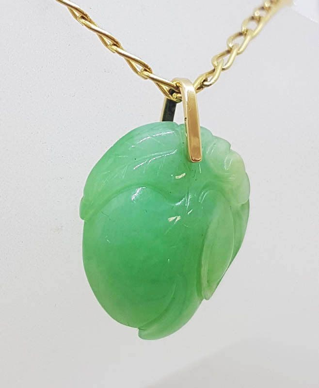 9ct Yellow Gold Carved Leaf Natural Jade Pendant on Gold Chain