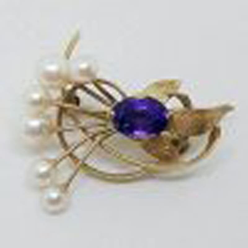 9ct Yellow Gold Amethyst and Pearl Large Swirl Brooch - Antique / Vintage