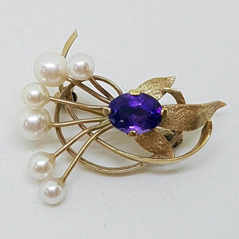 20210525_200553 9ct Yellow Gold Amethyst and Pearl Large Swirl Brooch - Antique / Vintage