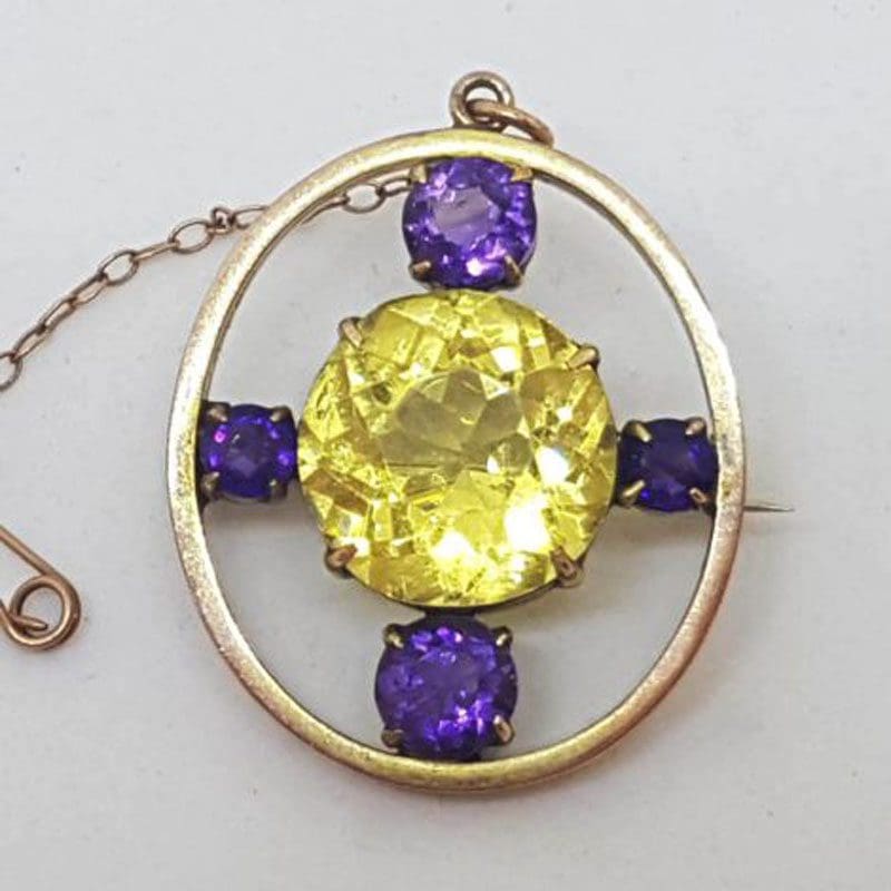 9ct Yellow Gold Large Oval Amethyst and Citrine Brooch - Antique / Vintage
