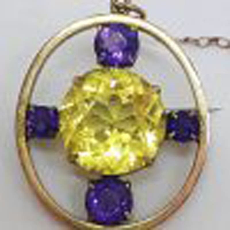 9ct Yellow Gold Large Oval Amethyst and Citrine Brooch - Antique / Vintage