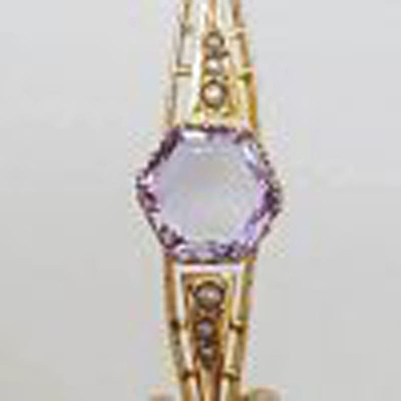 14ct Yellow Gold Amethyst & Seedpearl Long Pendant on 9ct Gold Chain - Antique / Vintage