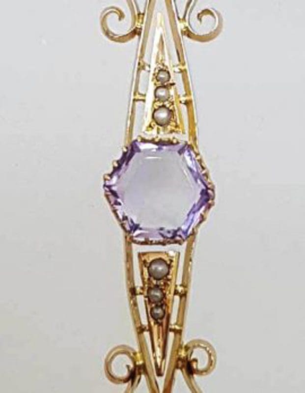 14ct Yellow Gold Amethyst & Seedpearl Long Pendant on 9ct Gold Chain - Antique / Vintage